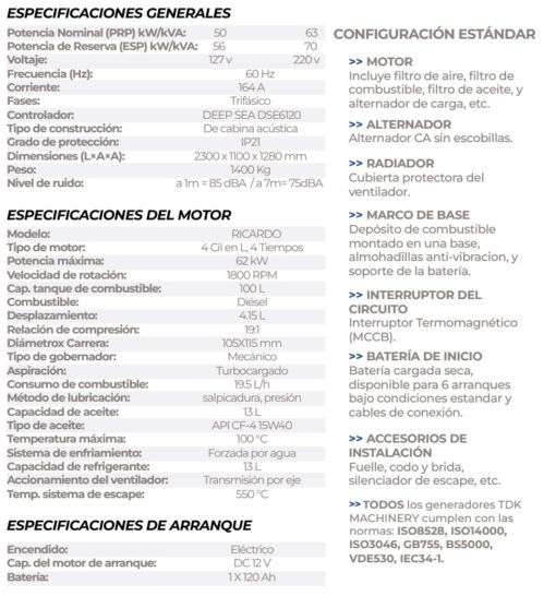 generador estacionario tdk 62.5 kva/50 kw 80 hp 220/240v tdkge63k